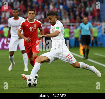 Kaliningrad, Russie. 22 Juin, 2018. Ricardo Rodriguez (avant) de la Suisse en compétition lors de la Coupe du Monde 2018 Groupe E match entre la Suisse et la Serbie dans la région de Kaliningrad, Russie, le 22 juin 2018. Crédit : Chen Cheng/Xinhua/Alamy Live News Banque D'Images