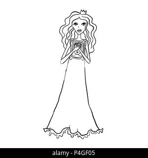 Princesse mignon rêve de prince charmant. Noir et blanc simple pour l'art à colorier. Vector illustration. Illustration de Vecteur