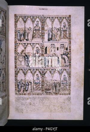 MTI1 - CANTIGA DE SANTA MARIA Nº 5 - F12R - LA VIRGEN DEFIENDE LA CIUDAD DE CESAREA DEL EMPERADOR JULIANO - SIGLO XIII. Auteur : Alfonso X le Sage de Castille (1221-1284). Emplacement : MONASTERIO-BIBLIOTECA-COLECCION, San Lorenzo del Escorial, Madrid, Espagne. Banque D'Images