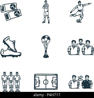 Kit de football. L'icône du lecteur, l'icône de tasse, bottes icon, icône du champ de football et plus encore. Symbole de qualité Premium collection. Succer icon set éléments simples. Illustration de Vecteur