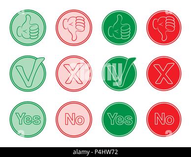 Icônes du pouce et marques de pointage pour les symboles de l'élection par le vote dans un référendum. Toutes les icônes et les objets sont dans des couches différentes. Illustration de Vecteur
