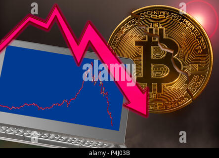 Coin Bitcoin fissuré dans l'écrasement du marché graphique avec un ordinateur portable Banque D'Images