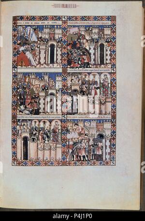 MTI1 - CANTIGA DE SANTA MARIA Nº51 - F76R - LA VIRGEN DEFIENDE A UN HOMBRE DEL GOLPE DE SAETA - SIGLO XIII. Auteur : Alfonso X le Sage de Castille (1221-1284). Emplacement : MONASTERIO-BIBLIOTECA-COLECCION, San Lorenzo del Escorial, Madrid, Espagne. Banque D'Images