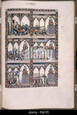 MTI1 - CANTIGA DE SANTA MARIA Nº105 - F152R - LA VIRGEN SANA A MUJER HERIDA POR SU MARIDO POR NO POSEERLA - SIGLO XIII. Auteur : Alfonso X le Sage de Castille (1221-1284). Emplacement : MONASTERIO-BIBLIOTECA-COLECCION, San Lorenzo del Escorial, Madrid, Espagne. Banque D'Images