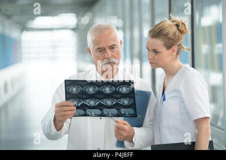 Senior male radiologue examinant x-ray avec collègue Banque D'Images