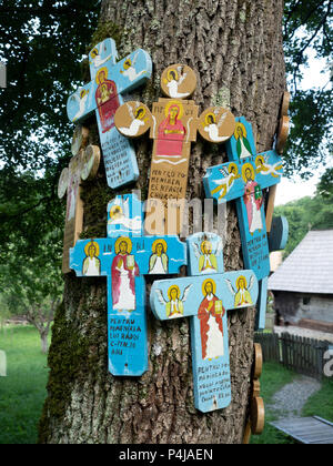 Croix en bois peint sur un arbre, parc Sibiu, Roumanie Banque D'Images