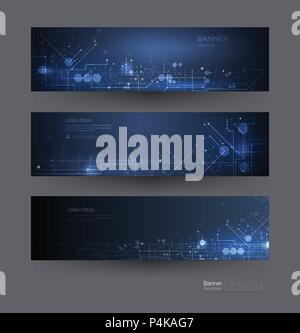 Bannières vecteur défini. Carte de circuits imprimés et d'hexagones. Vector abstract design network communication arrière-plan. Digital science futuriste technol Illustration de Vecteur