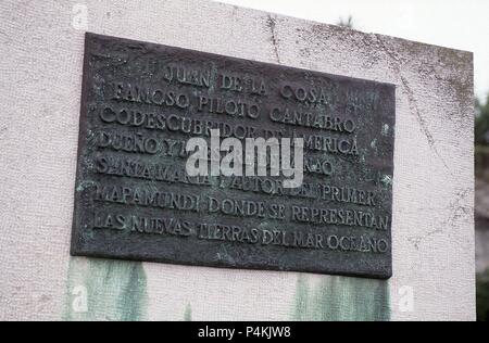 PLACA DEL MONUMENTO A JUAN DE LA COSA - MARINO CONQUISTADOR Y CARTOGRAFO NACIDO EN SANTOÑA - 1975. Auteur : Cristina Carreño (20e siècle). Lieu : extérieur, Santander, Cantabria, ESPAGNE. Banque D'Images