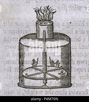 1635 John Bate - Les mystères de la nature et de l'Art p.29.. Royaume-uni - 22 janvier : Début de gravure d'un zootrope, 1635. Plaque prise de John Bate's 'Les mystères de la nature et de l'art' (1635). Ce livre contient de très influents, parmi beaucoup d'autres choses, une illustration et une description d'un zootrope. Un zootrope est cylindre avec une série de photos sur la surface interne que, lorsqu'on la fait tourner et vu à travers les fentes, donner une impression de mouvement continu. Ce n'était pas jusqu'aux années 1860, lorsque plusieurs brevets ont été obtenus, que le zootrope est apparu sur le marché. Banque D'Images