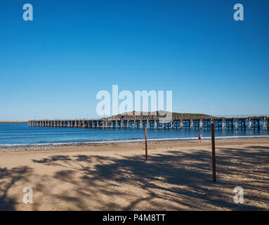 Vue de la jetée en bois de la jetée Plage avec Muttonbird Island dans l'arrière-plan avec un ciel sans nuages, Coffs Harbour, Nouvelle-Galles du Sud, Australie Banque D'Images