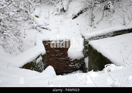 Bunker sous de vieux murs de brique en hiver après les chutes de neige . Banque D'Images