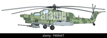 Force aérienne russe Mil Mi 28 Havoc attaque militaire, hélicoptère de combat en vol extérieur détail camouflage large vue aérienne Illustration de Vecteur