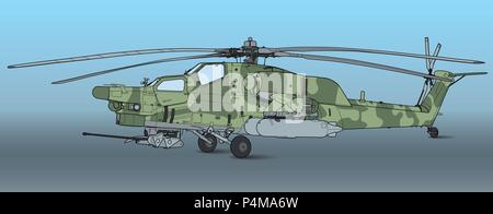 Force aérienne russe Mil Mi 28 Havoc attaque militaire, hélicoptère de combat en vol extérieur détail camouflage large vue aérienne Illustration de Vecteur