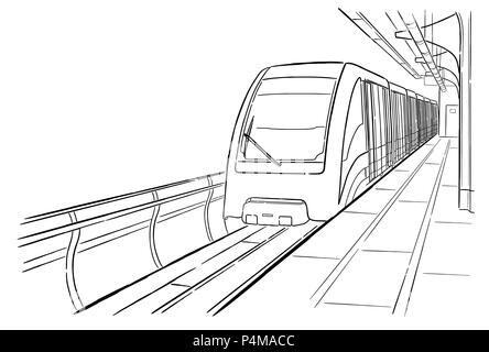 Encre dessinés à la main, croquis de la ligne de métro léger monorail de Moscou, se former en style contour vue perspective. Illustration de Vecteur