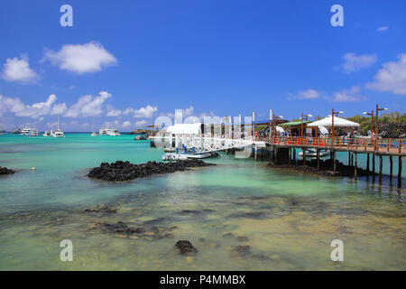 Pont d'embarcation à Puerto Ayora sur l'île Santa Cruz, Parc National des Galapagos, Equateur. Puerto Ayora est la ville la plus peuplée des îles Galapagos. Banque D'Images