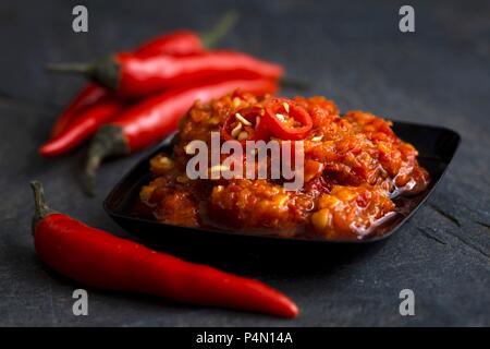 Plat en plastique noir avec pâte de piment dans l'huile d'olive avec des piments d'oiseau-oeil entier Banque D'Images