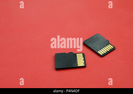 Deux petites cartes mémoire micro SD se trouvent sur un fond rouge. Un format compact de données et l'information store . Banque D'Images