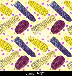 Épis de maïs (variété pourpre (rouge), jaune, noir et blanc) et quelques graines, motif transparent aquarelle peinte à la main dans les tons de jaune (illustration) Banque D'Images
