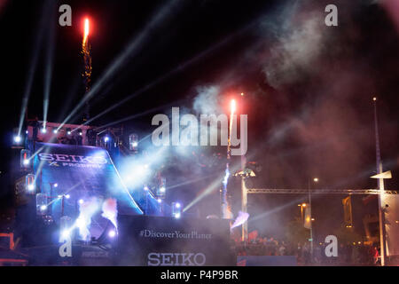 Kiel, Allemagne. 22 Juin, 2018. L'OCÉAN Jump Night Show avec du feu, de la musique et de laser au cours de la Kieler Woche 2018 © Björn Deutschmann/Alamy Live News Banque D'Images