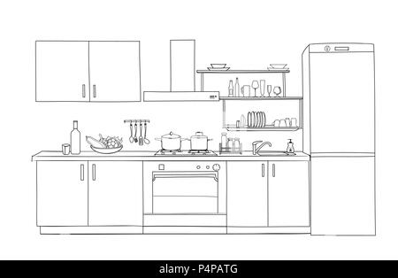 Croquis de l'intérieur de la salle de cuisine. Plan directeur Plan Conception de cuisine avec meubles modernes Illustration de Vecteur