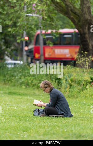 Une jeune femme assise sur l'herbe la lecture d'un livre Banque D'Images