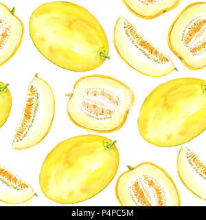 Les melons mûrs jaune et coupées en tranches, peint à la main motif transparent illustration aquarelle Banque D'Images