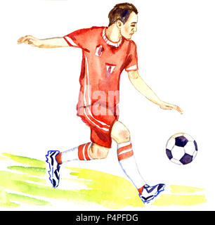 Joueur de football de l'athlète frappe la balle sur le terrain de football du stade, peinte à l'aquarelle illustration Banque D'Images