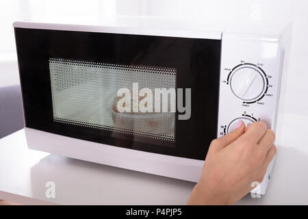 Close-up of a Woman's Hand à l'aide de micro-ondes pour la préparation des aliments Banque D'Images