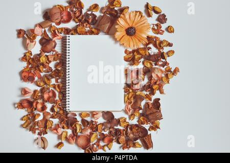 Arrangement aléatoire des fleurs brun séché avec un ordinateur portable au milieu de l'espace de copie, de mise à plat Banque D'Images