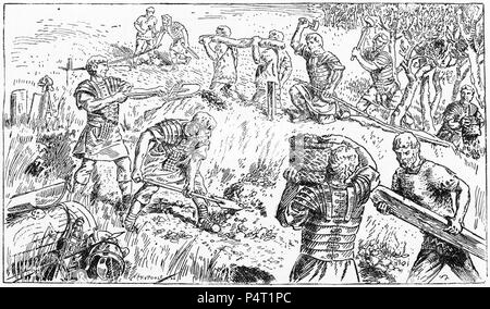 Gravure de soldats Romains établissent leur camp en utilisant decempeda. De César, de la guerre, 1916. Gaulois Banque D'Images