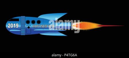 Un dessin de vaisseau spatial avec un fond noir et le texte Bonne Année 2019 Illustration de Vecteur