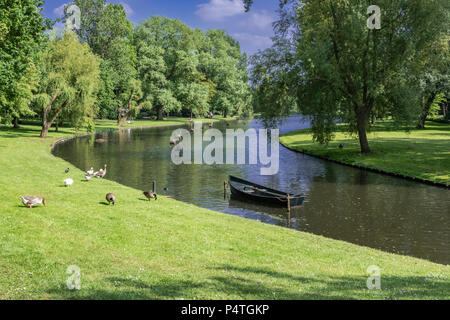 Canal avec bateau amarré arbres et canards dans un parc autour de Kampen Pays-Bas Hollande. Banque D'Images