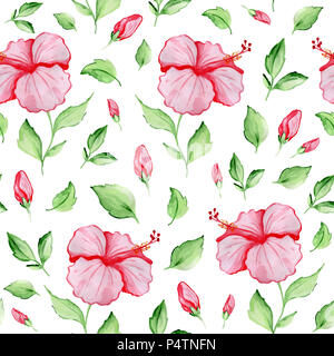 L'Aquarelle transparente avec motif tropical hibiscus rouge fleurs et feuilles vertes sur fond blanc Banque D'Images