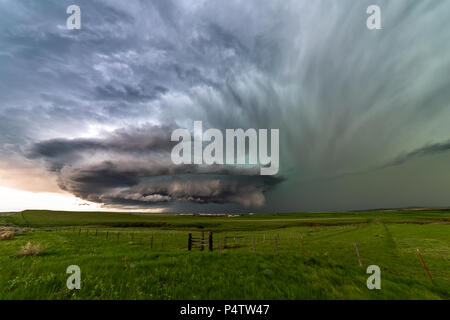 Ciel sinistre et orage supercellulaire au-dessus d'un paysage des grandes plaines près de Ryegate, Montana, États-Unis Banque D'Images