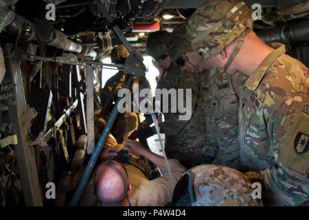 U.S. Army combat medics, avec le 86e Hôpital de soutien au combat, s'assurent une civière à un MV-22 Osprey pendant un exercice de formation conjointe avec les Marines du milieu marin de l'escadron à rotors basculants - 364 (VMM-364), au Camp Arifjan, au Koweït, le 8 mai 2017. Banque D'Images