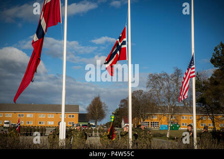 Les Marines américains et les soldats norvégiens soulever les couleurs lors d'une cérémonie le jour de la Victoire en Europe à Stjørdal, la Norvège, le 8 mai 2017. Le jour de la Victoire en Europe, connu sous le nom de Jour de la Victoire, marque le jour où l'Allemagne nazie se sont rendus aux forces alliées durant la Seconde Guerre mondiale. La Force de rotation maritime Europe 17.1 conserve l'engagement américain pour la Norvège et notre confiance mutuelle comme nous l'affronter ensemble les défis stratégiques en constante évolution. Banque D'Images