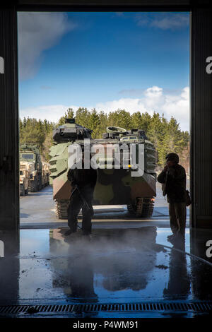 Les Marines américains laver un rack de nettoyage dans le cadre d'opérations au cours de la mobilité stratégique rétrograde Exercice 17 (STRATMOBEX) en Norvège, le 9 mai 2017. Marines de laver le matériel avant de le retourner à la grotte sites de stockage. STRATMOBEX développe le Corps des Marines des États-Unis de déployer rapidement des forces canadiennes n'importe où en Europe et rassure les alliés et les partenaires de notre engagement à la région. Banque D'Images