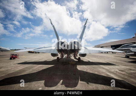 Un F/A-18 Hornet affectés à l'Escadron d'attaque de chasseurs tout temps Marine se trouve à 533 105 Hangar, Marine Corps Air Station La Baie de Kaneohe, Marine Corps Base New York, 22 juin 2018. L'escadron est en ce moment à bord MCBH pour soutenir l'exercice Rim of the Pacific en 2018. (U.S. Marine Corps photo par Lance Cpl. Isabelo Tabanguil) Banque D'Images