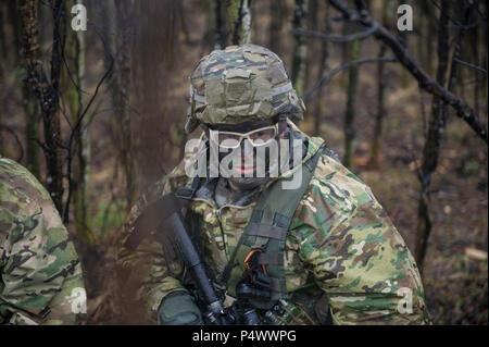 Un soldat américain de la 6e brigade bataillon du génie (Airborne), d'une base commune d'Elmendorf Richardson, Alaska, attend de passer à son poste au cours d'Extrémité Nord 2017 10 mai 2017, à Fort Greely, en Alaska. Soldats ont été recréer les étapes à prendre pour récupérer le port d'une île prise par vos ennemis. Banque D'Images