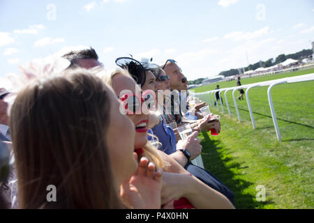 Rowdy foule applaudir les chevaux sur le côté de l'hippodrome au cours de Royal Ascot cup Banque D'Images