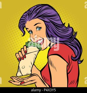 Shawarma doner kebab. Hungry woman eating fast food Illustration de Vecteur