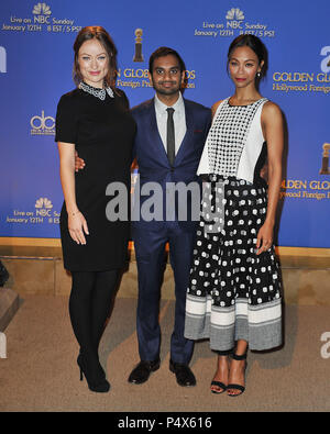 Zoe Saldana, Aziz Ansari, Olivia Wilde au Golden Globes 2013 Nominations au Beverly Hilton à Los Angeles.Un Olivia Wilde, Aziz Ansari, Zoe Saldana 025 cas à Hollywood Life - Californie, Red Carpet Event, USA, Cinéma, Célébrités, photographie, Bestof, Arts, Culture et divertissement, Célébrités, Mode Topix Meilleur de Hollywood, la vie, événement dans la vie d'Hollywood, Californie - Tapis rouge et en backstage, cinéma, télévision, célébrités, célébrités de la musique, des acteurs du Topix même film en salle, et la star ensemble. enquête de crédit, tsuni@Gamma-USA.com Tsuni / USA, 2013 - Groupe, T Banque D'Images