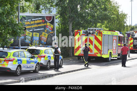 Les services d'urgence sur les lieux d'un grand feu dans un entrepôt à Leyton, East London. Banque D'Images