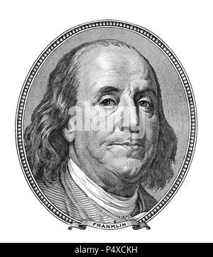 Portrait de Benjamin Franklyn one hundred dollar bill isolé Banque D'Images