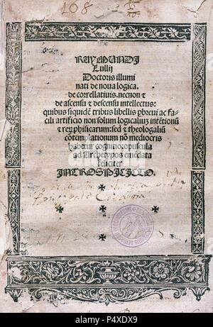 Raymond Lulle (1232-1315). L'écrivain et philosophe majorquin, logicien et un Tiers Ordre franciscain. Il a écrit la première œuvre majeure de la littérature catalane. À partir de l'image de Nova Logica. Imprimer : Valence, par Georgius Costilla, 1512. Bibliothèque épiscopale. L'Espagne. Banque D'Images