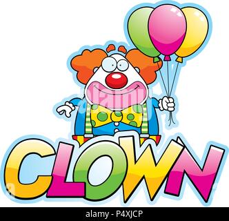 Illustration d'une caricature d'un clown avec des ballons et le texte clown. Illustration de Vecteur