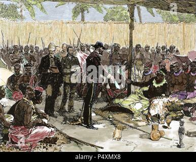 Savorgnan de Brazza, Pierre-Paul (1852-1905). Explorateur et navigateur français d'origine italienne. Livraison à Brazza le protectorat Makoko traité ratifié par le gouvernement français. Le dix-neuvième siècle gravure de couleur. Banque D'Images