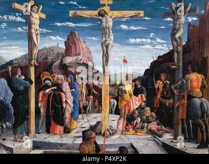 Renaissance. Andrea Mantegna (1431-1506). Peintre italien. Quattrocento. La Crucifixion. Partie centrale de la prédelle du retable. 1457-1459. Huile sur panneau. Louvre, Pari s. Banque D'Images