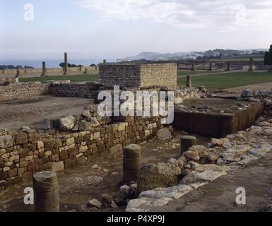 Temple de Rome et Auguste. Premier siècle. Ruines. Ville romaine d'Empuries. La Catalogne. L'Espagne. Banque D'Images