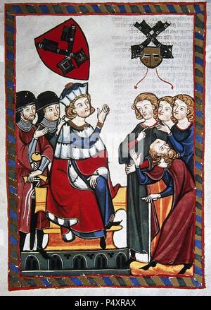 Der Burggraf von Regensburg préside un procès. Le Codex Manesse (ca.1300) par Rudiger Manesse et son fils Johannes. Miniature. Folio 318r. Université de Heidelberg. Bibliothèque. L'Allemagne. Banque D'Images